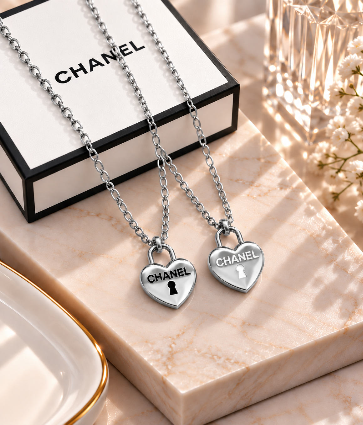 Gold/Silver Heart Lock Pendant Necklace Set - Dual Keyhole Design