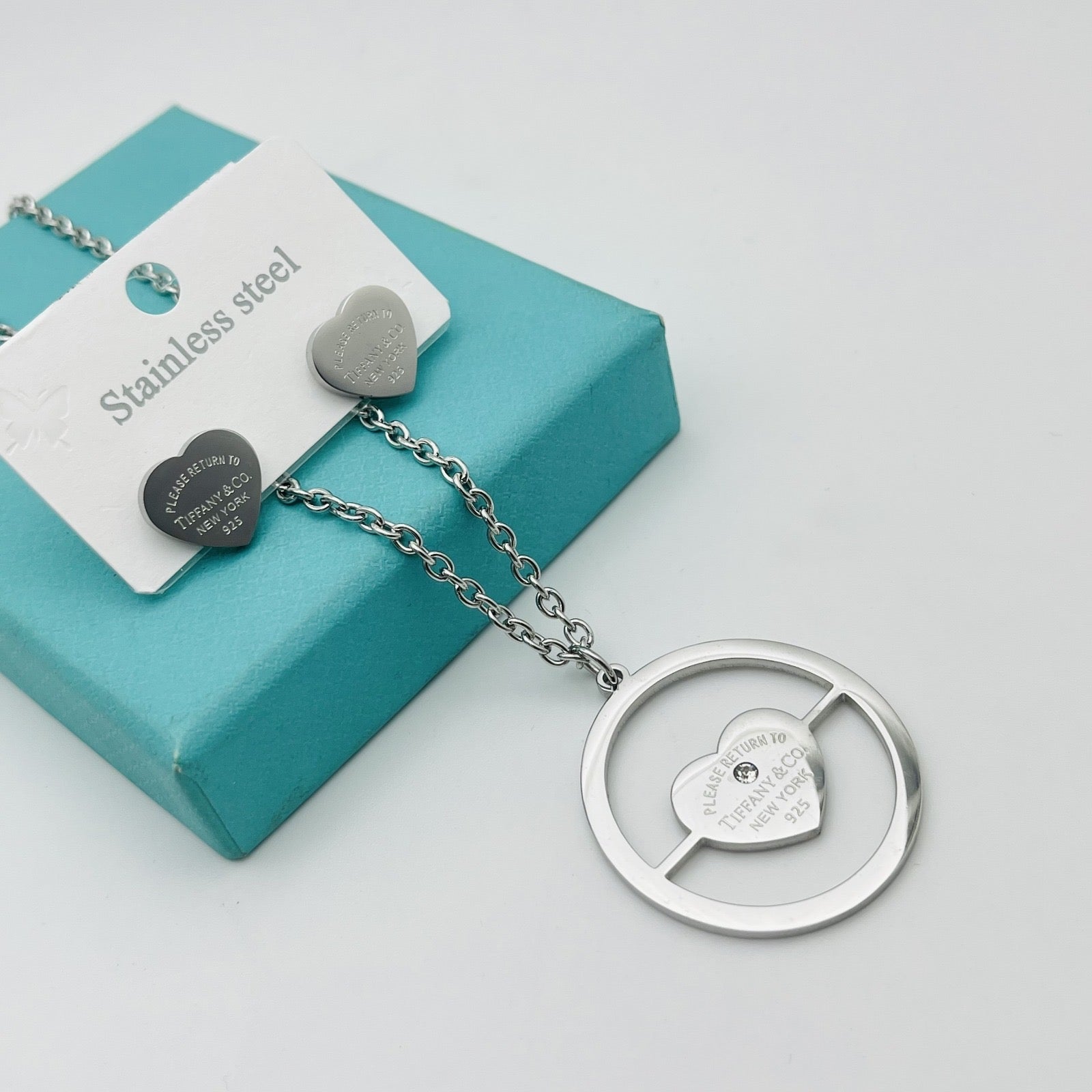 Golden Heart Charm Necklace & Stud Earrings Set
