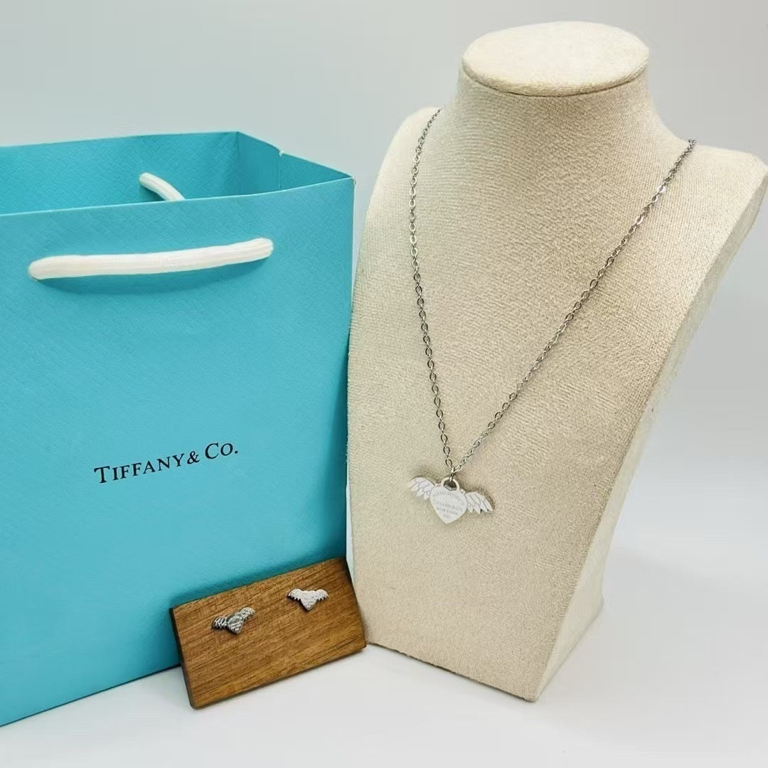 Gold Angel Wings Heart Pendant Necklace & Stud Earrings Set