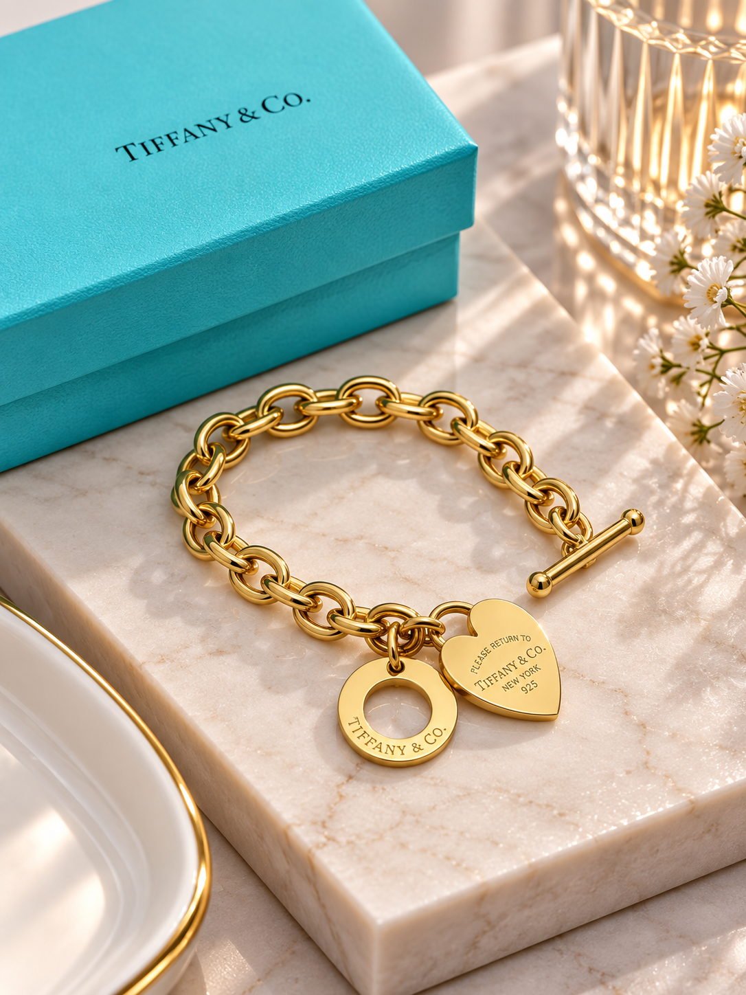 Elegant  Heart Tag Chain Bracelet with Toggle Clasp