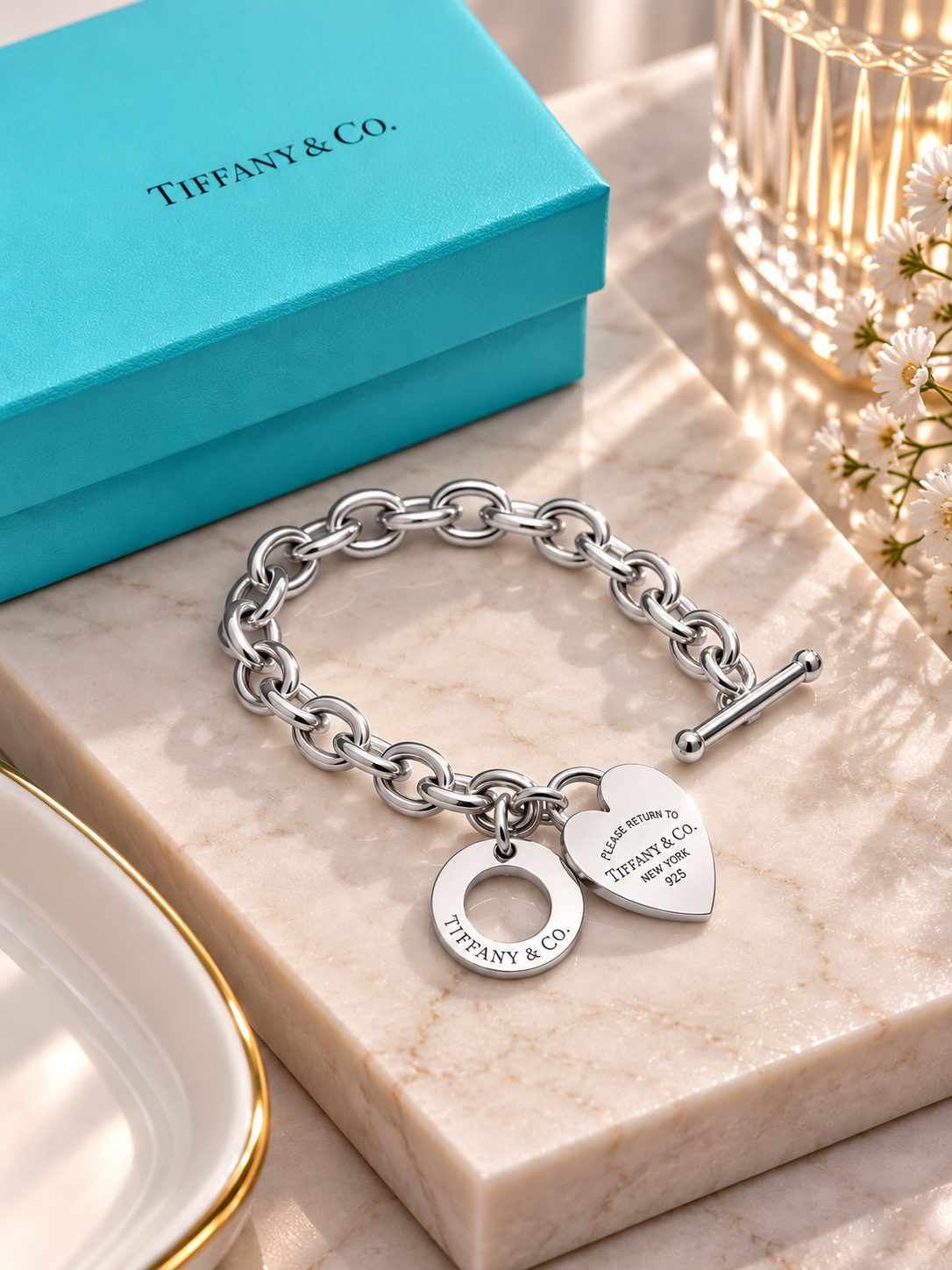 Elegant  Heart Tag Chain Bracelet with Toggle Clasp