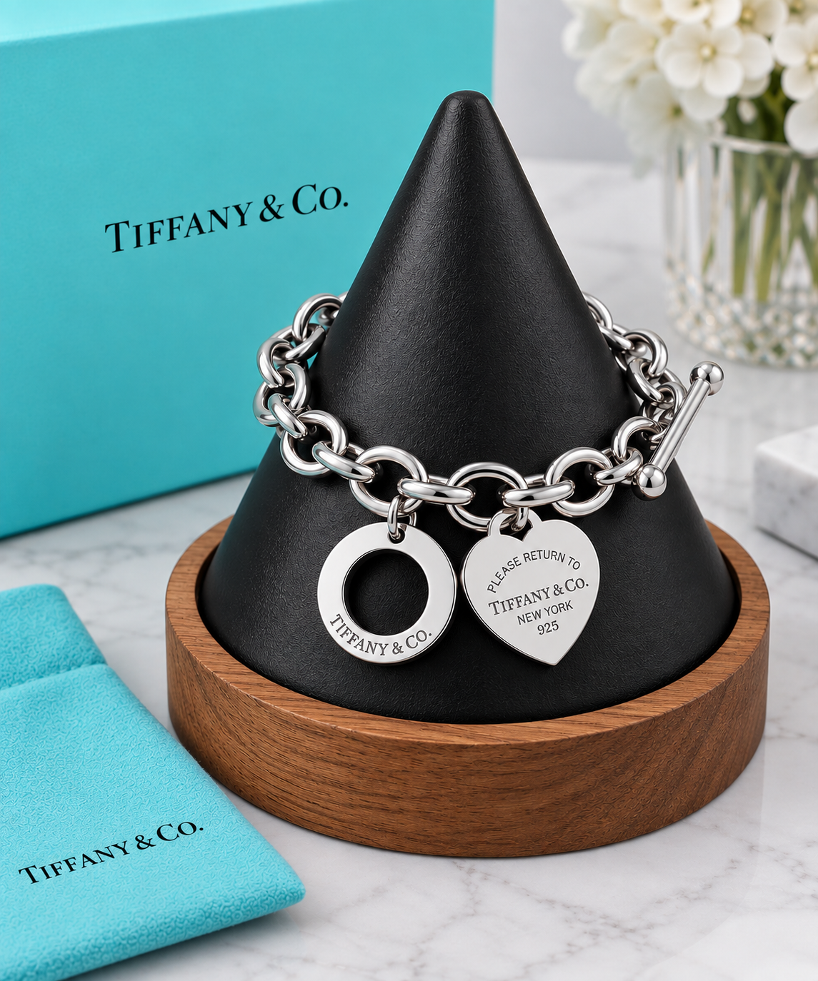 Elegant  Heart Tag Chain Bracelet with Toggle Clasp