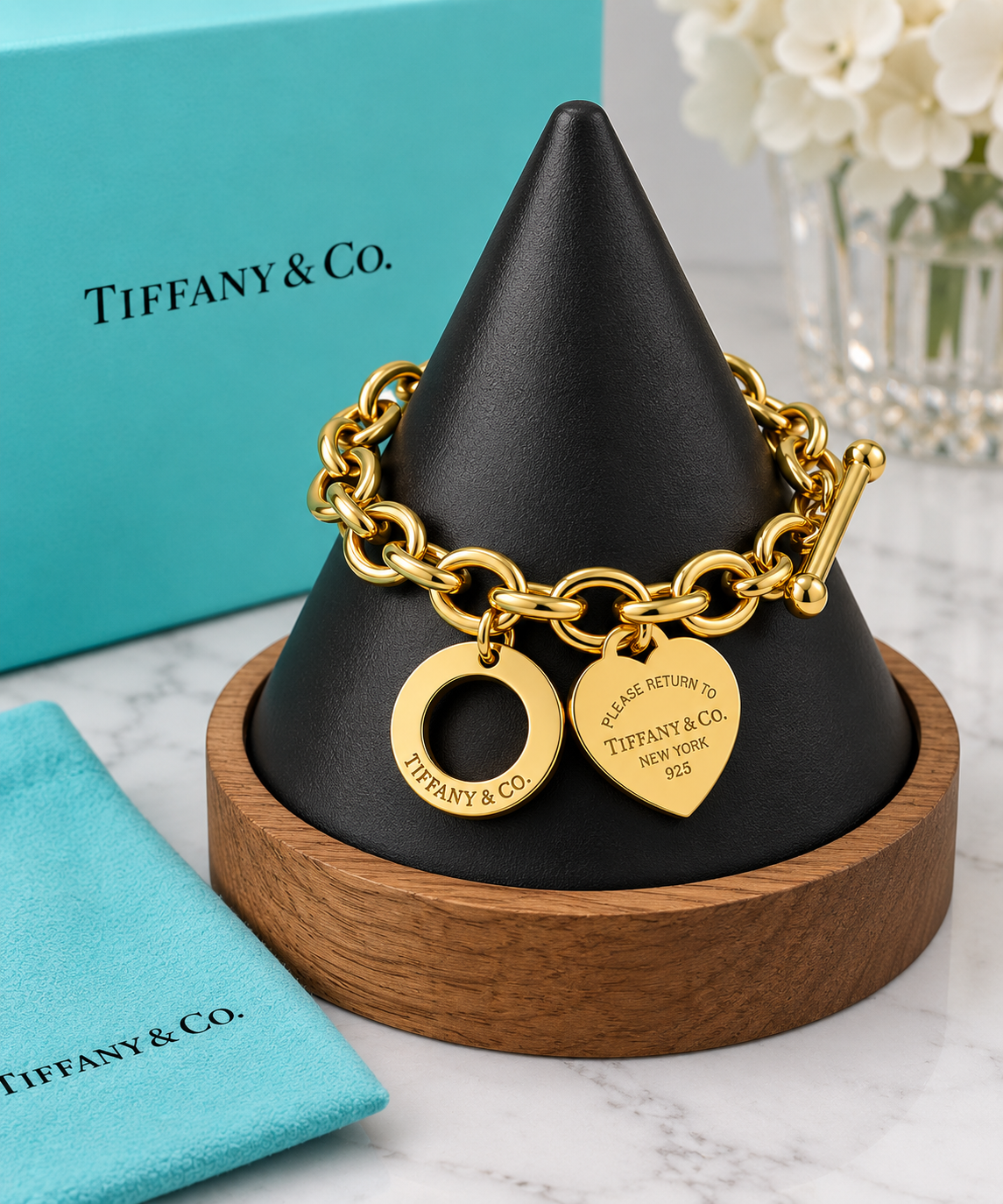 Elegant  Heart Tag Chain Bracelet with Toggle Clasp