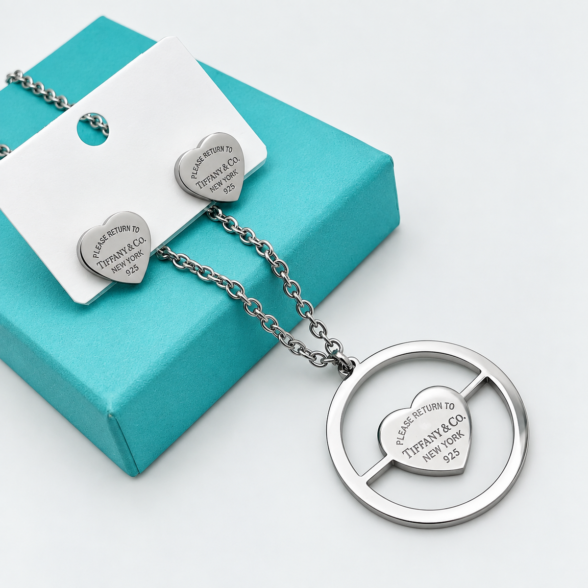 Golden Heart Charm Necklace & Stud Earrings Set