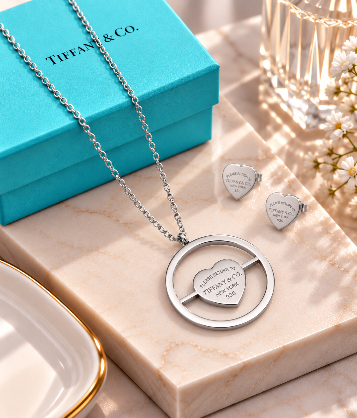 Golden Heart Charm Necklace & Stud Earrings Set