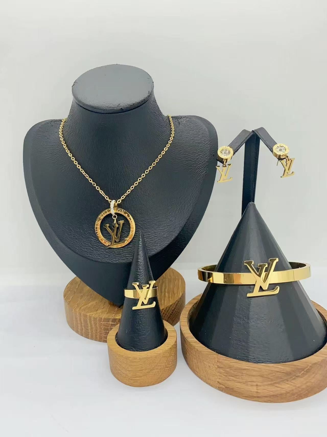 Luxury Gold Initial Pendant Jewelry Set – Necklace, Earrings, Bracelet & Ring
