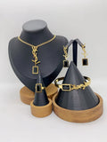 Luxury Gold Letter Charm Jewelry Set with Black Stone – Necklace, Earrings, Bracelet & Ring