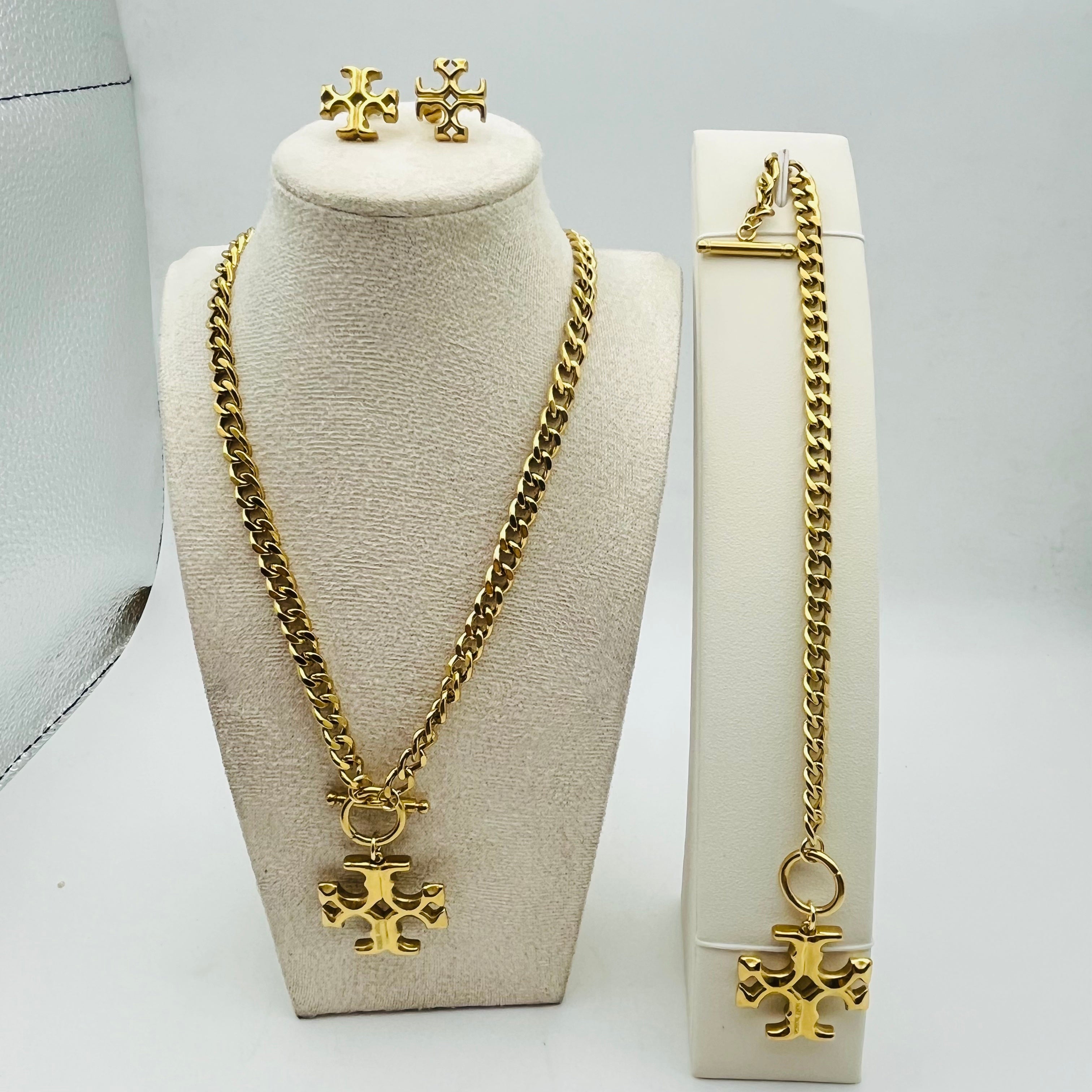Luxury Gold Chain Necklace & Bracelet Set with Floral Pendant