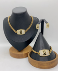 Luxury Gold Cuban Chain Jewelry Set with Engraved Square Pendant