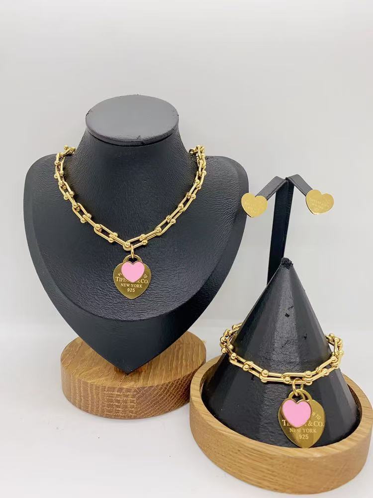 Elegant Silver Chain Jewelry Set with Heart Pendant (Multi-Color Options)