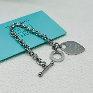 Elegant Silver Heart Tag Chain Bracelet with Toggle Clasp