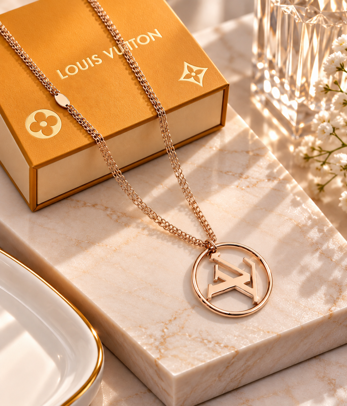 Rose Gold Monogram Pendant Necklace Set - Double Strand