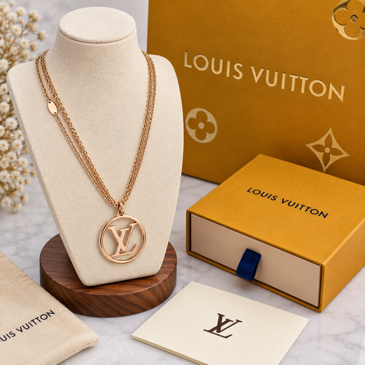 Rose Gold Monogram Pendant Necklace Set - Double Strand