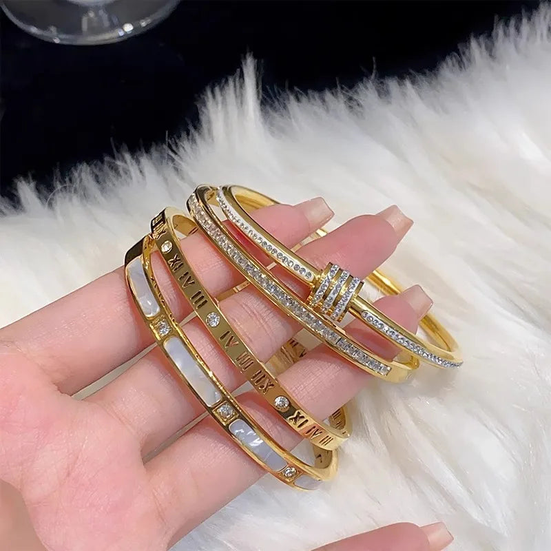 Elegant 8-piece Stainless Steel Bracelet Set With Rhinestone Embellishments, A Stylish Combination For Everyday Wear And Holiday