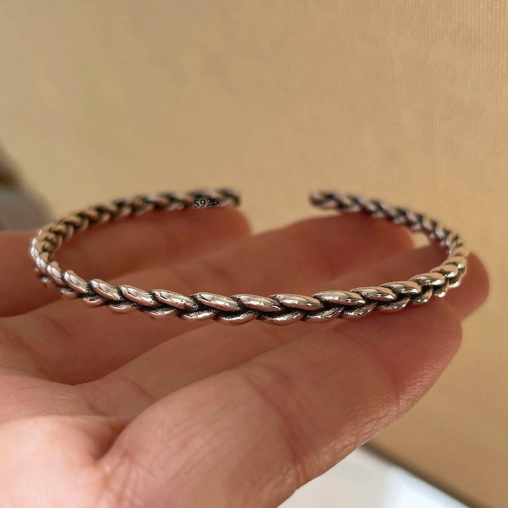 100% Solid 925 Sterling Silver Metal Bracelet for Women Vintage Handmade Simple Retro Black Stone Bracelet Birthday Gift Party