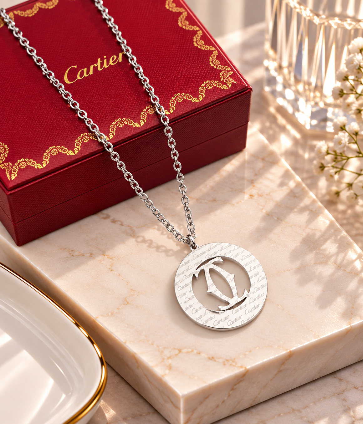 Silver Monogram Pendant Necklace - Polished Interlocking Logo