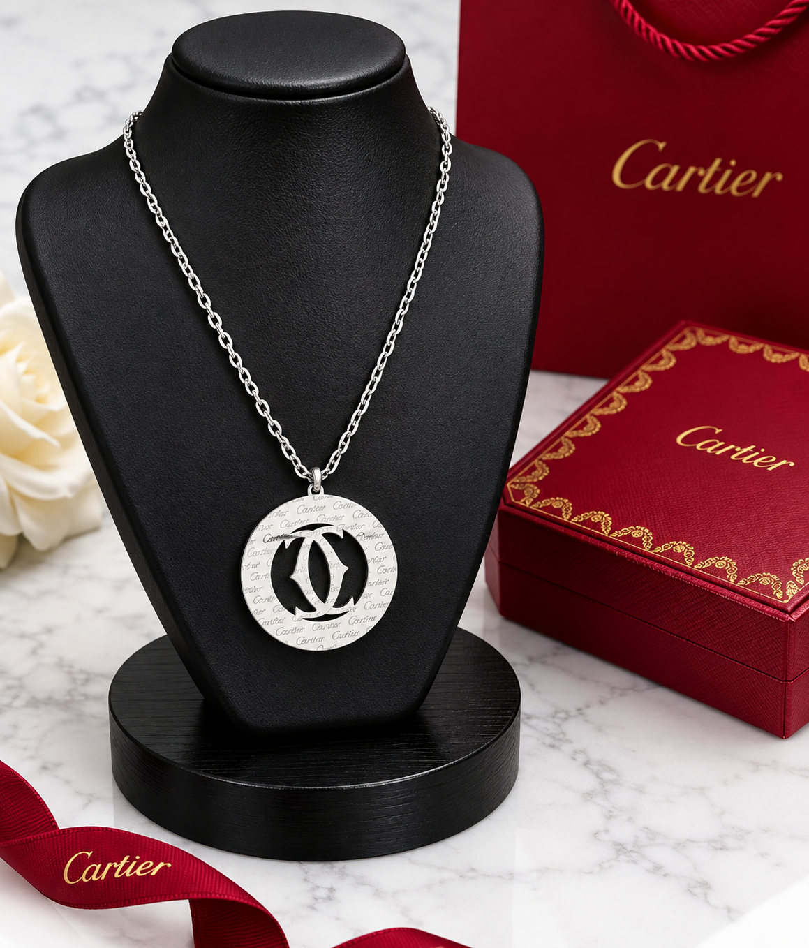 Silver Monogram Pendant Necklace - Polished Interlocking Logo