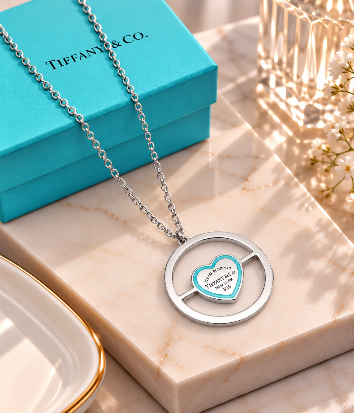 Sterling Silver Heart Circle Pendant Necklace with Enamel