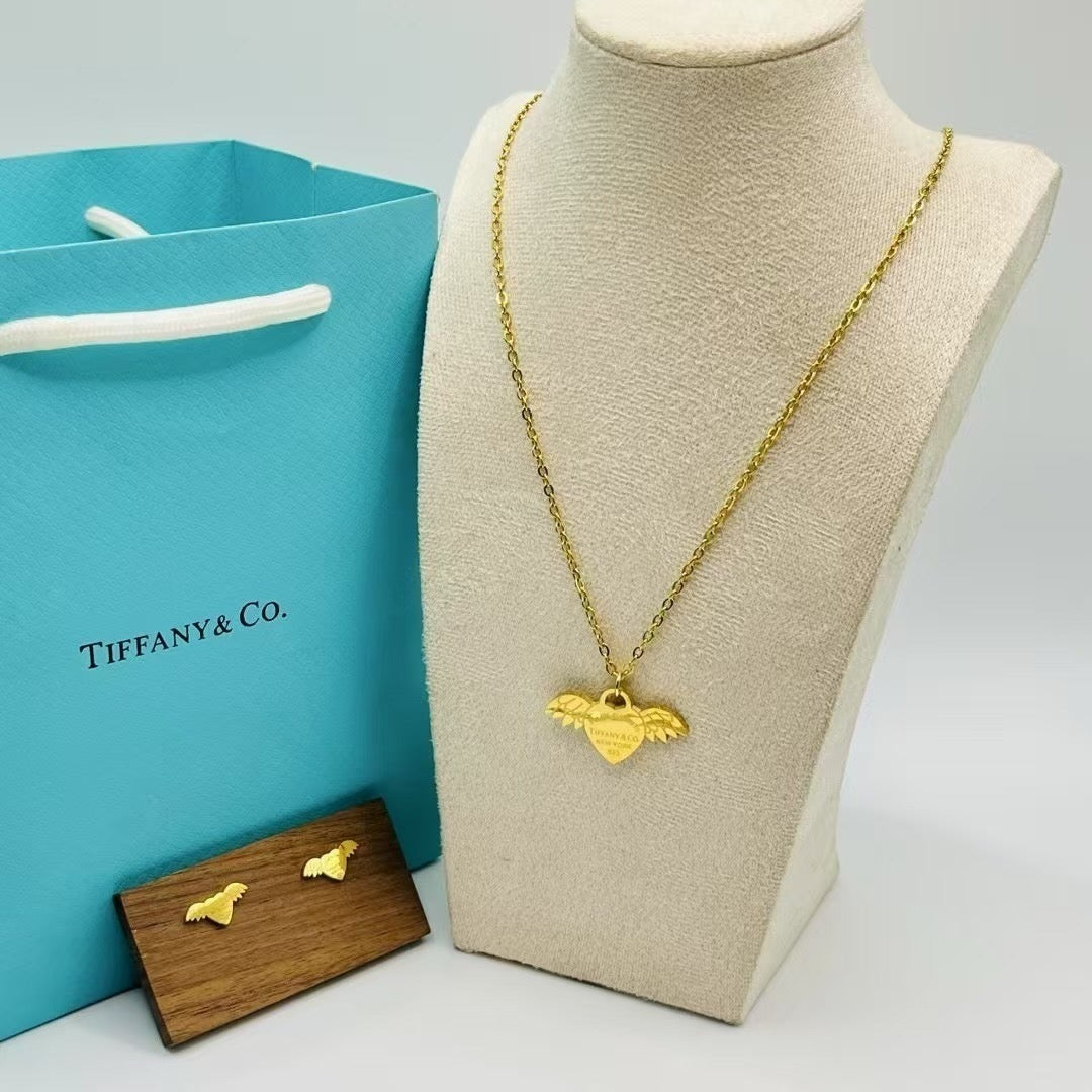Gold Angel Wings Heart Pendant Necklace & Stud Earrings Set
