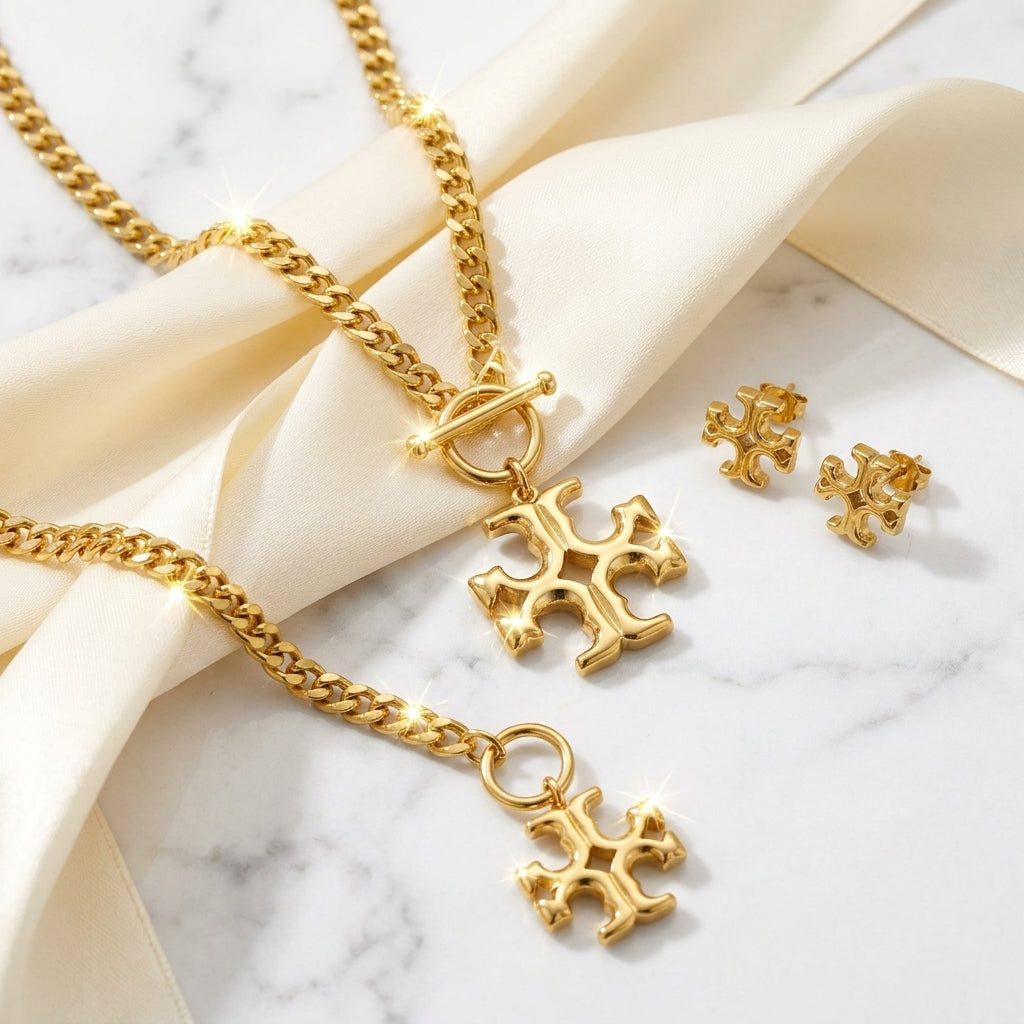Luxury Gold Chain Necklace & Bracelet Set with Floral Pendant
